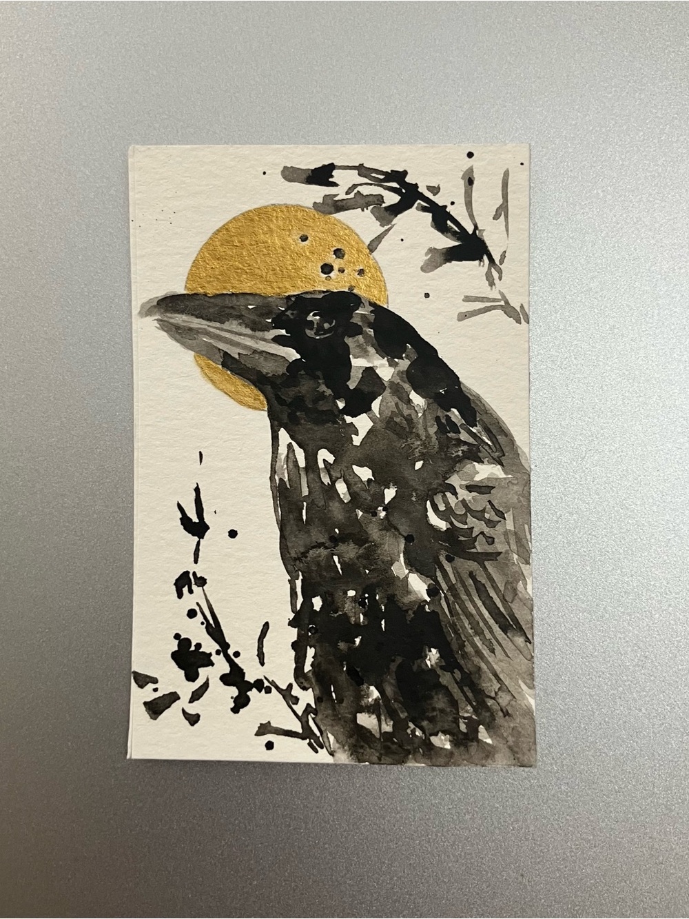Original raven crow miniature realism painting sumi-e style art ink collectible
